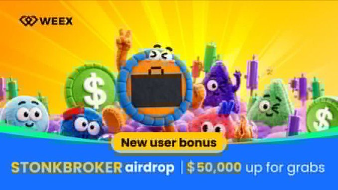 WEEX cryptocurrency exchange promotional banner advertising a 'STONKBROKER airdrop' with a $50,000 bonus for new users, featuring colorful cartoon monster characters and dollar signs.