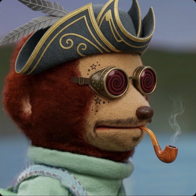 A detailed portrait of a furry anthropomorphic fox or similar creature with reddish-brown fur, wearing a feathered pirate hat, spiral-lensed goggles, and smoking a wooden pipe.