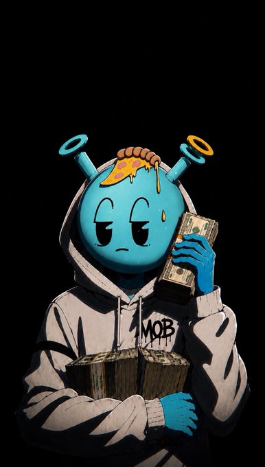 A blue cartoon character with halos and a "MOB" hoodie clutches stacks of cash, visually echoing the post's shoutout to the @0xFFBOOM sub-community "mob."