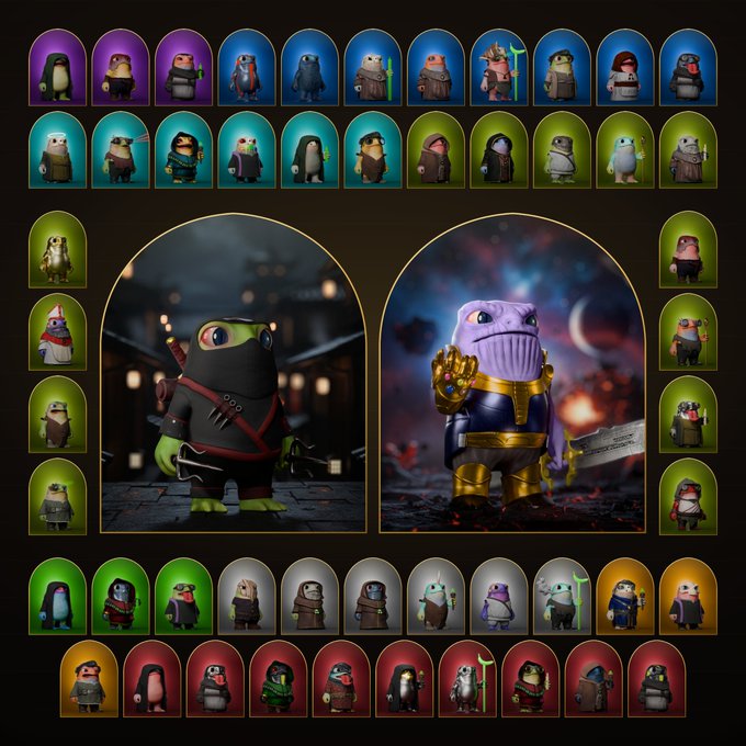 A collection of 50 small, stylized fantasy character portraits (penguin-like creatures dressed as warriors, ninjas, mages, and more) arranged around two larger central feature illustrations of a ninja turtle and a Thanos-like villain.
