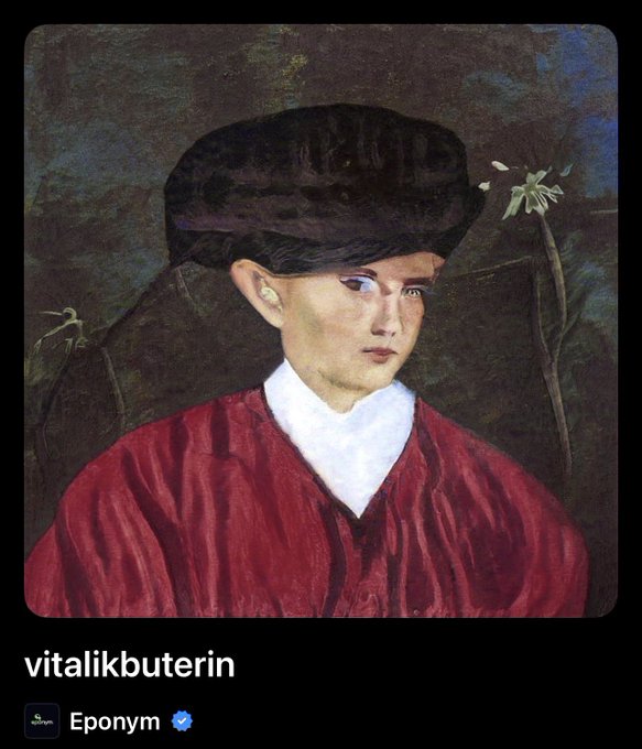 A classical portrait painting of a person wearing a dark hat and a red shirt with a white collar, labeled with the name 'vitalikbuterin' and the text 'Eponym'.