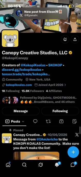 A screenshot of an X (formerly Twitter) profile for 'Canopy Creative Studios, LLC' (@KokopiCanopy), featuring a koala avatar, with 1K Following, 15.8K Followers, and a notification of a new post from Elon Musk @Ryanair.