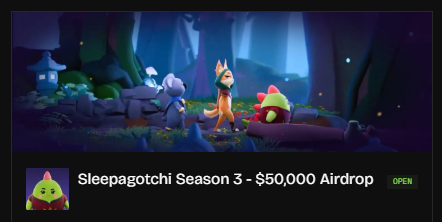 A promotional banner for "Sleepagotchi Season 3 - $50,000 Airdrop" features a cartoon fox and a strawberry character in a stylized forest setting.