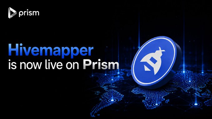 A promotional graphic with the Prism logo announcing 'Hivemapper is now live on Prism' over a digital world map background.