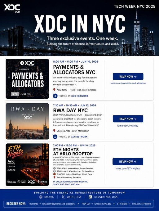 The image features a poster for an event called "XDC In NYC" that took place from January 10th to February 14th, 2021. The poster includes three different events listed below it, each with its own description. One of these events is titled "RWA Day", which seems to be related to real-world adoption or tokenization in finance. Another event on the list is called "Payments & Allocators NYC". Lastly, there's an event named "RWA Day" that focuses on payments and allocators. The poster also includes a website address for more information about the event.