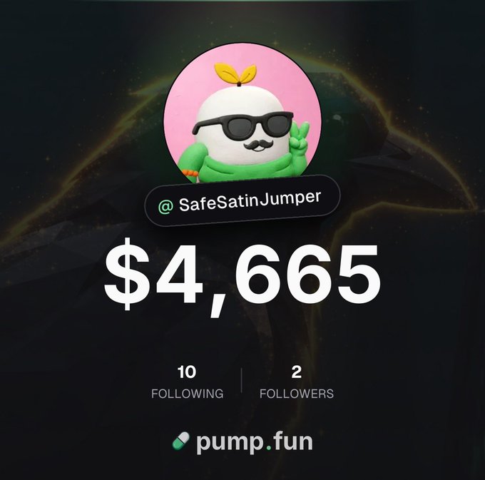 A Pump.fun profile screenshot for user "@SafeSatinJumper" displays earnings of "$4,665" with 10 following and 2 followers, featuring a cartoon character wearing sunglasses, a mustache, and a green scarf against a pink background. The image relates to the post by showcasing the claimed creator fees available to be distributed to $CROWBRAIN holders as profit-sharing rewards.