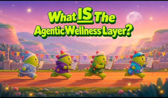Four cartoon dinosaur characters wearing party hats run along a dirt track in a race, with the text 'What IS The Agentic Wellness Layer?' displayed prominently above them.