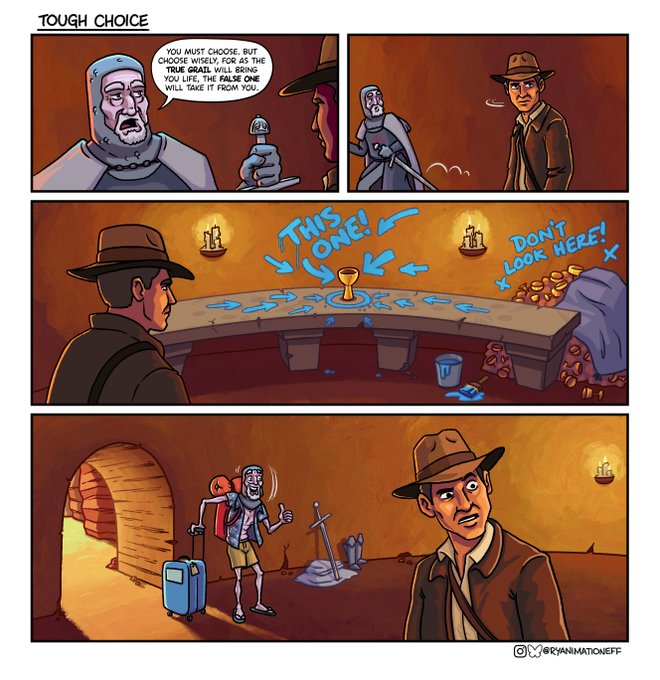 A comic strip titled 'TOUGH CHOICE' depicting an Indiana Jones-style scenario where a character must choose between two grails, with a twist showing the chosen cup reveals a man with luggage instead of eternal life.