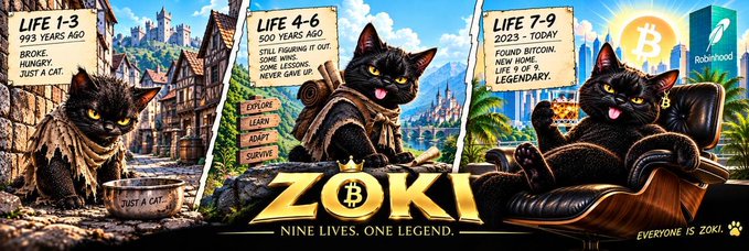 A promotional banner for 'ZOKI' depicting a cat's nine lives through three panels: 'LIFE 1-3 993 YEARS AGO', 'LIFE 4-6 500 YEARS AGO', and 'LIFE 7-9 2023 - TODAY', alongside the Robinhood logo and tagline 'NINE LIVES. ONE LEGEND.'