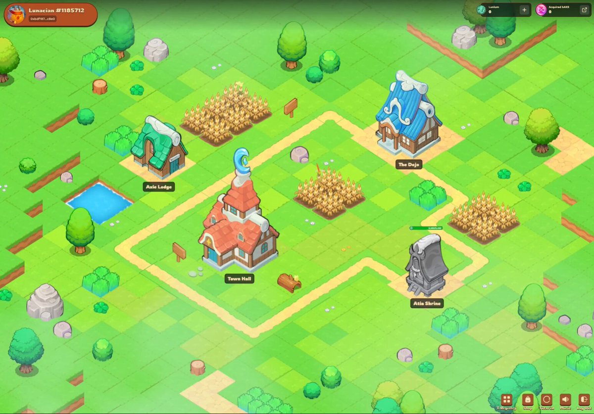The image shows a Minecraft game screenshot with an abstract view of the village. It has been posted by Axie Infinity, suggesting that it's part of their PVP playtest or the initial release. The screenshot features three different colored buildings representing houses situated on top of hills surrounded by fields and trees. Additionally, there is a small pool present in the scene.