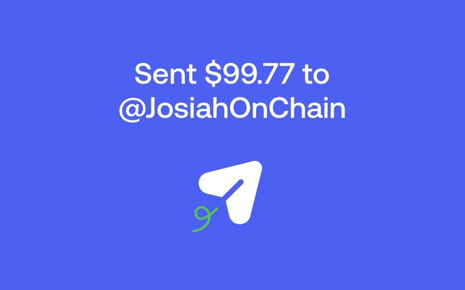 A digital confirmation graphic on a blue background shows a $99.77 payment sent to @JosiahOnChain, displayed above a Telegram paper airplane logo and a green dollar sign, illustrating the prize payout to the giveaway winner announced in the post.