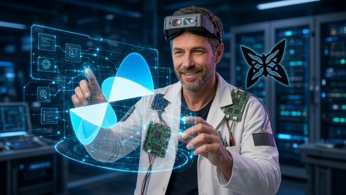 A futuristic scientist wearing a VR headset interacts with a glowing blue quantum-computing interface, with circuit boards and a black butterfly logo behind him. The image illustrates QuipNetwork’s quantum-readiness and wallet-security theme; no legible on-image text or numbers are visible.