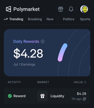 Screenshot of the Polymarket app showing a 'Daily Rewards' balance of $4.28 for Jul 1 Earnings, with an Activity section listing a Reward and a Liquidity reward of $4.28.