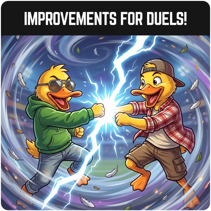 A cartoon illustration titled 'IMPROVEMENTS FOR DUELS!' showing two anthropomorphic ducks—one in a green hoodie and sunglasses, the other in a plaid shirt and backward cap—clashing fists with electric sparks flying between them.
