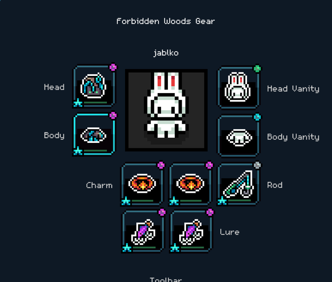 A pixel art interface titled 'Forbidden Woods Gear' showing equipment slots including Head, Body, Charm, Rod, Lure, Head Vanity, and Body Vanity, featuring a rabbit-like character.