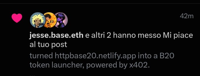 A social media notification from jesse.base.eth liking a post announcing that httpbase20.netlify.app has been transformed into a B20 token launcher powered by x402, which relates to the accompanying story about the $HTTPBASE20 token created by @bankrbot gaining attention and being added to a portfolio.