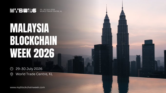 A promotional poster for 'Malaysia Blockchain Week 2026' dated 29-30 July 2026 at the World Trade Centre, KL, featuring the Petronas Twin Towers at sunset.
