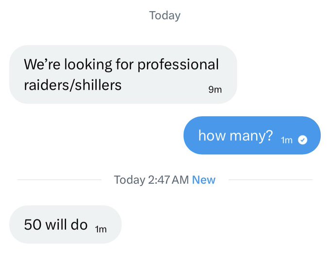 A Facebook Messenger conversation where a recruiter states "We're looking for professional raiders/shillers" and after being asked "how many?", replies "50 will do" at 2:47 AM, visually confirming the post's request for 50 shillers/raiders for the project.