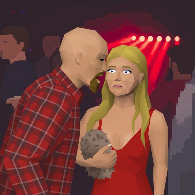 Low-poly 3D rendered scene of a bald man in a red plaid shirt whispering to a blonde woman in a red dress holding a spiky object, set in a dimly lit venue with red stage lights.