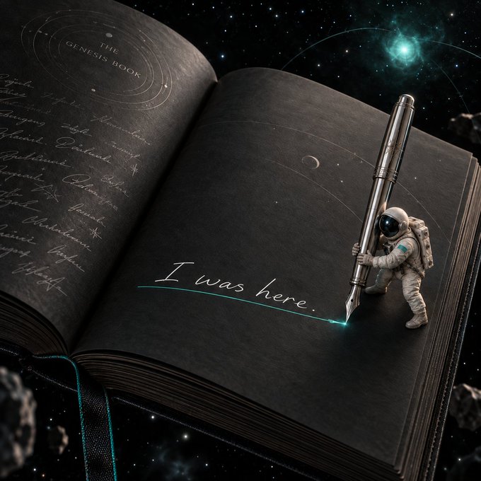 An astronaut writes "I was here" in glowing script across the open pages of "The Genesis Book" floating in a starry cosmos, symbolizing a permanent inscription on the first block of the Supernova blockchain.