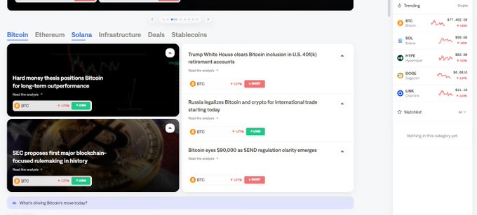 A cryptocurrency news dashboard displays Bitcoin headlines including "Herd money thesis positions Bitcoin for long-term outperformance" and "SEC proposes first major blockchain-focused rulemaking in history," alongside a trending list showing BTC ($71,402.30), SOL ($59.46), HYPE ($42.31), DOGE ($0.2278), and LINK ($11.29). The image illustrates the fragmented crypto information experience that Midas Markets' AI-powered platform aims to consolidate into a single unified trading interface.