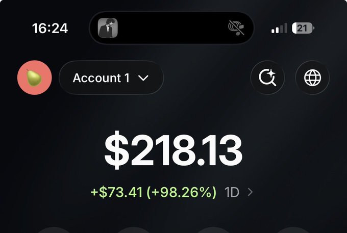 A mobile crypto portfolio screenshot showing a balance of $218.13, up +$73.41 (+98.26%) in 1D, with an avocado icon next to 'Account 1' and the time 16:24.
