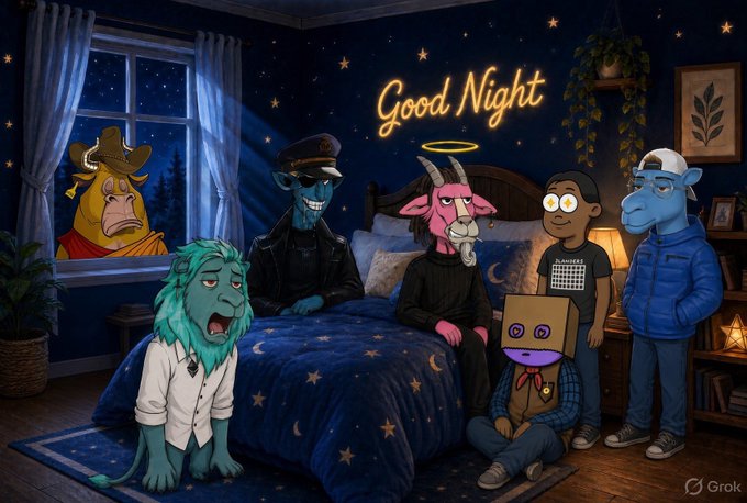 A whimsical digital illustration shows various cartoon characters including animals and people gathered in a bedroom at night under a 'Good Night' neon sign, watermarked with 'Grok'.
