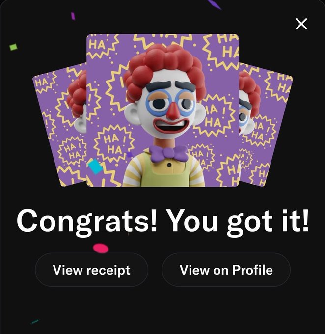 A 'Congrats! You got it!' reward screen showing a 3D animated character with red hair and clown makeup on purple cards, with buttons to 'View receipt' and 'View on Profile'.