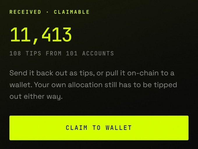 A mobile app screen displays 'RECEIVED • CLAIMABLE 11,413' and '108 TIPS FROM 101 ACCOUNTS', with a message to 'Send it back out as tips, or pull it on-chain to a wallet' and a yellow 'CLAIM TO WALLET' button.