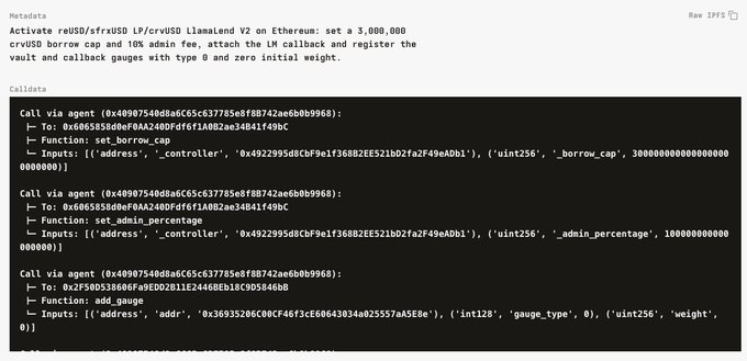 Raw transaction data showing calls to set a 3,000,000 crvUSD borrow cap and 10% admin fee on the Llamaland V2 contract on Ethereum, with IPFS metadata noted.