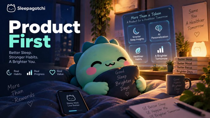 A promotional graphic for 'Sleepagotchi' featuring a cute green dinosaur-like mascot holding a pillow that reads 'Good Sleep Brighter Days,' with the tagline 'Product First' and 'Better Sleep. Stronger Habits. A Brighter You.' alongside feature categories like 'Smarter Sleep Insights' and 'AI Personalization.'