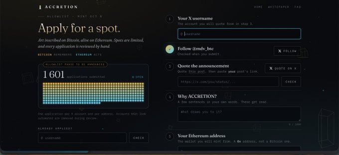 An application webpage for 'ACCRETION' titled 'Apply for a spot,' showing 1601 applications submitted and fields for username, X follow, quote, and Ethereum address.
