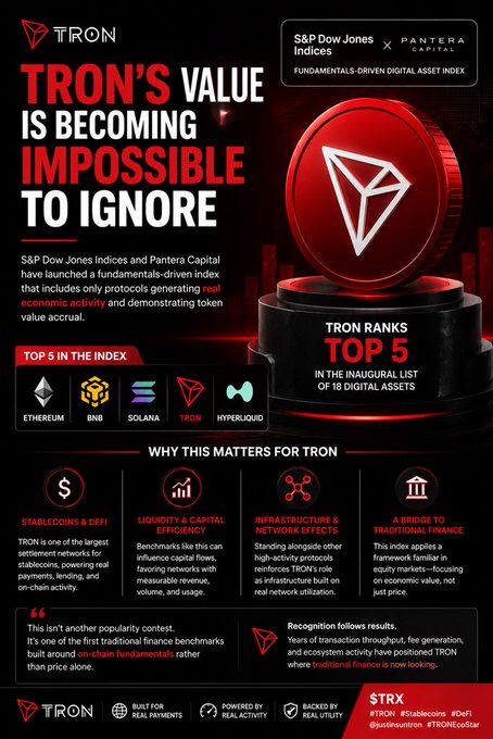 A promotional infographic for TRON titled "TRON'S VALUE IS BECOMING IMPOSSIBLE TO IGNORE" showing it ranks in the top 5 of the S&P Dow Jones Indices / Pantera Capital Digital Asset Index, alongside Ethereum, BNB, Solana, and Hyperliquid.