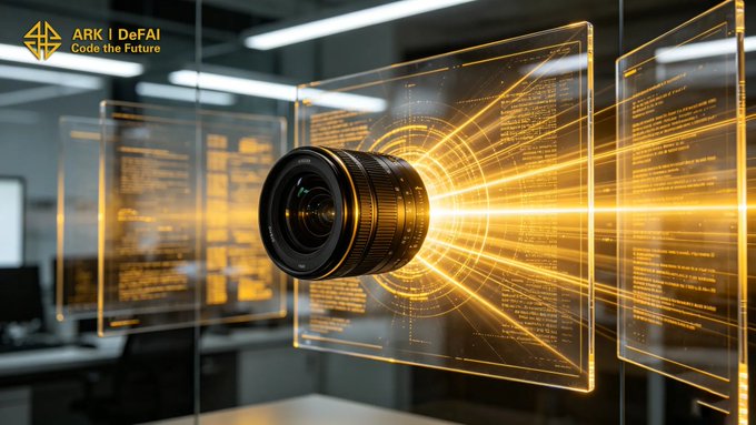 The image features a camera lens that has been magnified through a transparent glass surface, creating an interesting visual effect. The lens appears to be emitting a bright light or glow from its center, drawing attention to itself. The background of the image is blurred, making the lens stand out even more. There are also some texts present in the image, which seem to be related to the ARK AI app and its purpose.