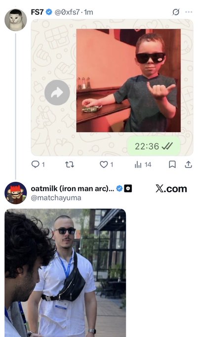 Screenshots of social media posts featuring a child wearing sunglasses and a man in a white shirt with a black crossbody bag.