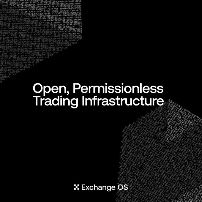 The image features a black background with white text that reads "Open, permissionless trading infrastructure". The text is surrounded by a grid of small squares, creating an interesting visual effect. Below this, there's a caption that says "The next generation of onchain markets won't just be decentralized. They'll be modular, composable, and infrastructure-native." This statement seems to be related to the image or the post in some way.