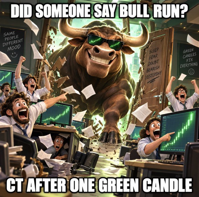A cartoon bull wearing green sunglasses crashes through a trading floor wall, scaring excited traders and flooding the office with papers, while signs read "SLEEP FEAR DOUBT BEARISH YESTERDAY" and "GREEN CANDLES FIX EVERYTHING." The meme's exaggerated chaos visually amplifies the post's sarcasm about Crypto Twitter's overreactions to minor market gains.