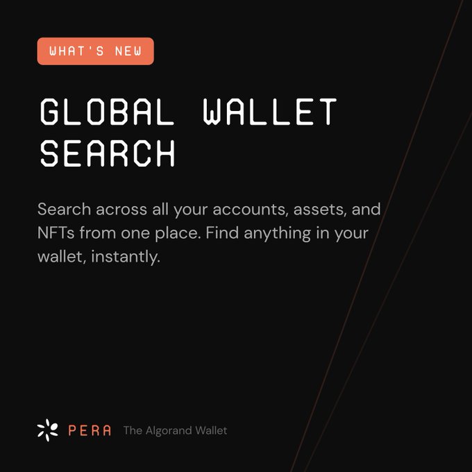 Promotional graphic for Pera Finance's 'Global Wallet Search' feature, with a 'WHAT'S NEW' tag and the tagline 'The Algorand Wallet.'
