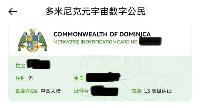 A digital identification card titled '多米尼克元宇宙数字公民' (Commonwealth of Dominica Metaverse Identification Card) showing personal details like male gender, Mainland China region, and L3 advanced certification level.