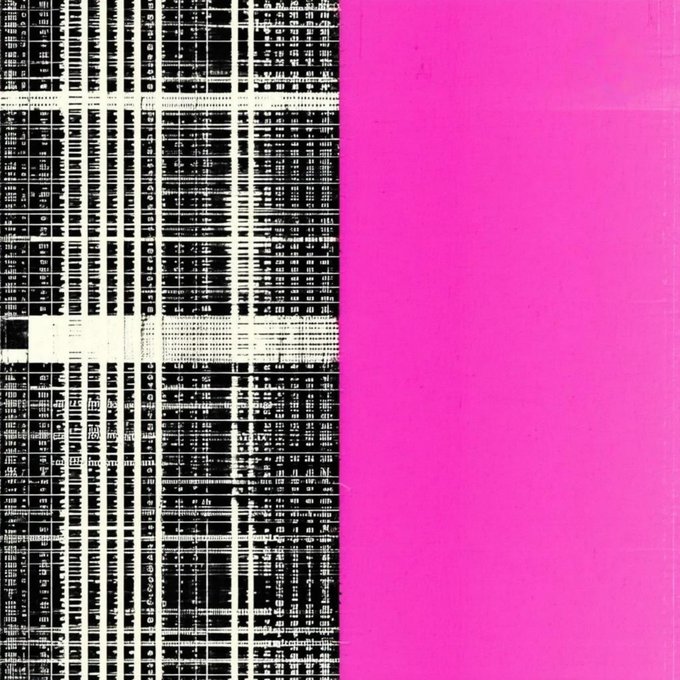 The image features a pink background with black lines, creating an abstract art piece that appears to be a mix of pop art and no-production techniques. The lines are drawn in various directions, giving the impression of a chaotic or disorganized pattern. The colors used for the lines range from white to black, adding depth and contrast to the overall composition. The pink background provides a striking visual element against this backdrop, making it stand out prominently.