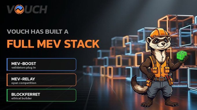 A promotional graphic for 'VOUCH' stating 'VOUCH HAS BUILT A FULL MEV STACK', listing features MEV-BOOST, MEV-RELAY, and BLOCKFERRET alongside an illustrated ferret in construction gear.