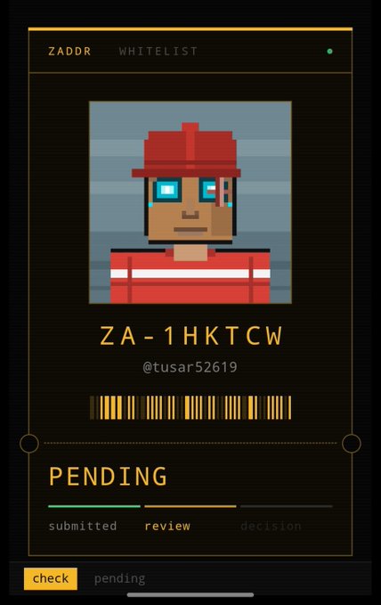 A digital interface shows a pixel art character in a red hard hat with the ID 'ZA-1HKTCW' and handle '@tusar52619', with a 'PENDING' status under 'review'.