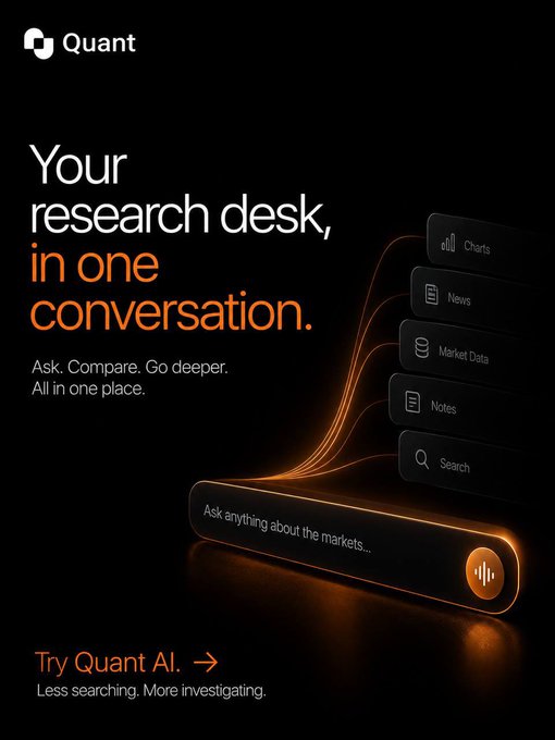 A dark promotional advertisement for 'Quant' app with the tagline 'Your research desk, in one conversation,' featuring a search input field and menu options for Chats, News, Market Data, Notes, and Search, with a call to 'Try Quant AI'.