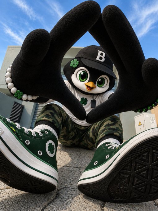 A low-angle shot shows a penguin mascot wearing a cap with the letter 'B', making a heart shape with black-gloved hands while wearing camouflage pants and green Converse sneakers with shamrock logos.