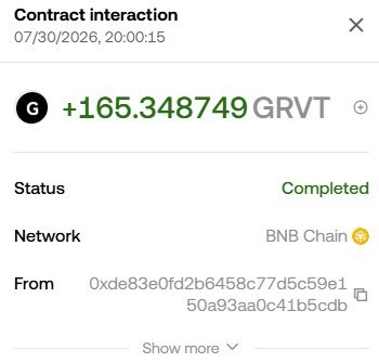 A screenshot of a completed BNB Chain contract interaction showing a receipt of +165.348749 GRVT tokens sent to the wallet address 0xde83e0fd2b6458c77d5c59e150a93aa0c41b5cdb, confirming the $GRVT airdrop delivery mentioned in the post.
