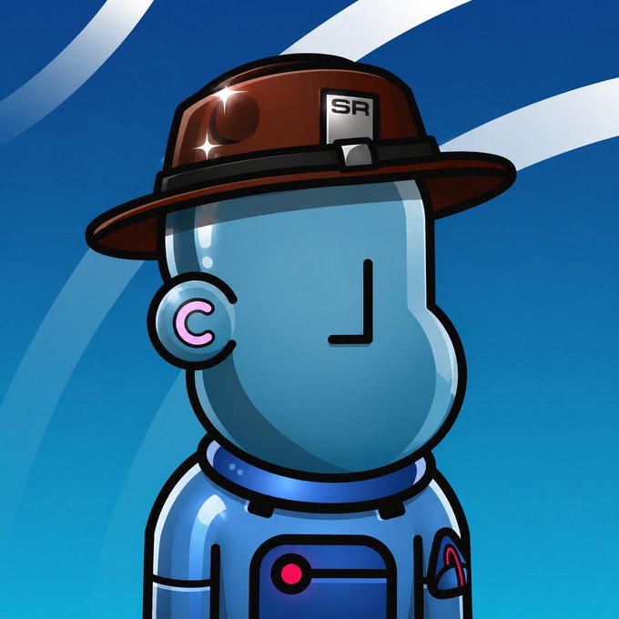 A cartoon robot wearing a maroon bucket hat labeled "SR" stands against a swirling blue background, embodying the "We are all NPC" theme by depicting a stylized, faceless character with a single glowing eye and minimal expression. The robot's blank, uniform-like appearance reinforces the idea of characters following a scripted existence, fitting the meme's commentary on feeling like non-player characters in life.