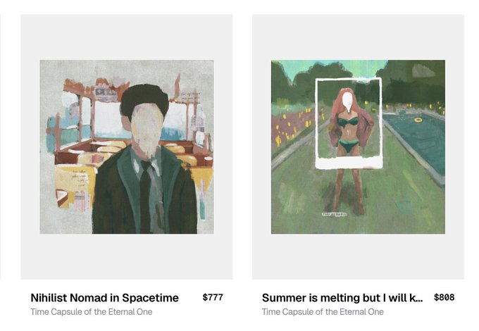 Two digital artworks titled 'Nihilist Nomad in Spacetime' ($777) and 'Summer is melting but I will k...' ($808) from the 'Time Capsule of the Eternal One' collection, featuring a faceless man in a suit and a faceless woman in a swimsuit.