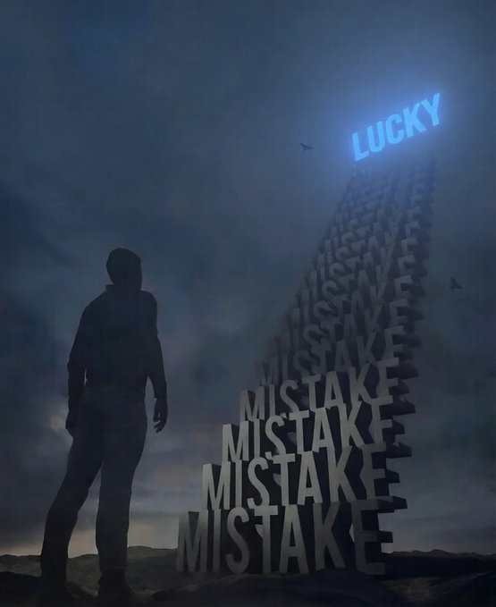 A silhouetted figure stands facing a towering structure made of "MISTAKE" blocks that recede into a cloudy sky, topped by a glowing "LUCKY" sign, visually contrasting the harsh reality of mistakes with the distant hope of a lucky outcome—mirroring the LUNC community's pursuit of reclaiming $1 despite repeated setbacks.