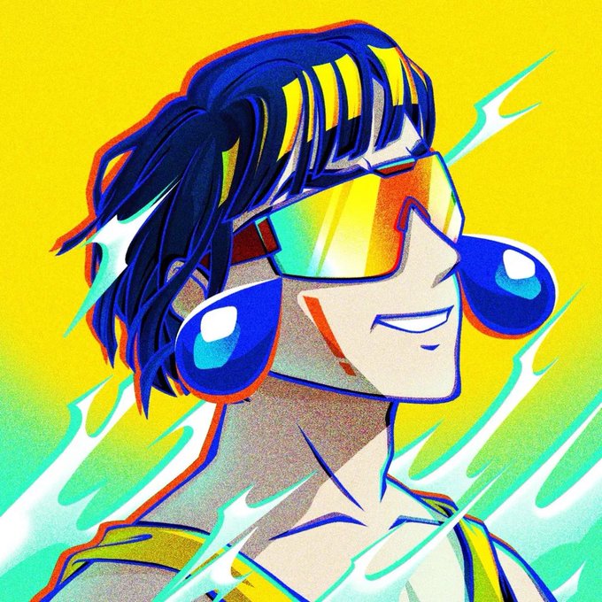 A stylized digital illustration shows a character with dark hair, yellow visor sunglasses, and large blue headphones smiling confidently against a vibrant yellow background with green flame motifs. The post suggests that once someone encounters this confident, "cool" character image, their cryptocurrency investment is doomed ("cooked").