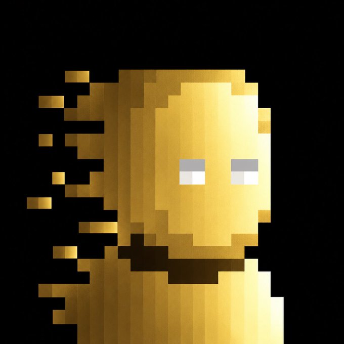 A pixelated golden figure, styled after a Sensei character, appears to be disintegrating into fragments on the left side against a black background. The artwork visually represents the "custom Sensei zksnark" NFT that the creator minted, as referenced in their post about the zksnarks whitelist.